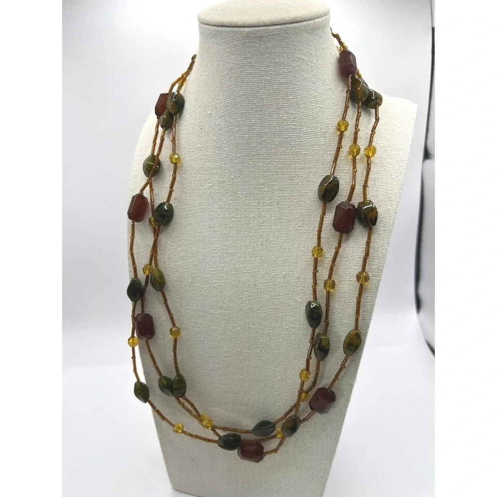 Glass‎ Stone Necklace Beaded Green Amber70